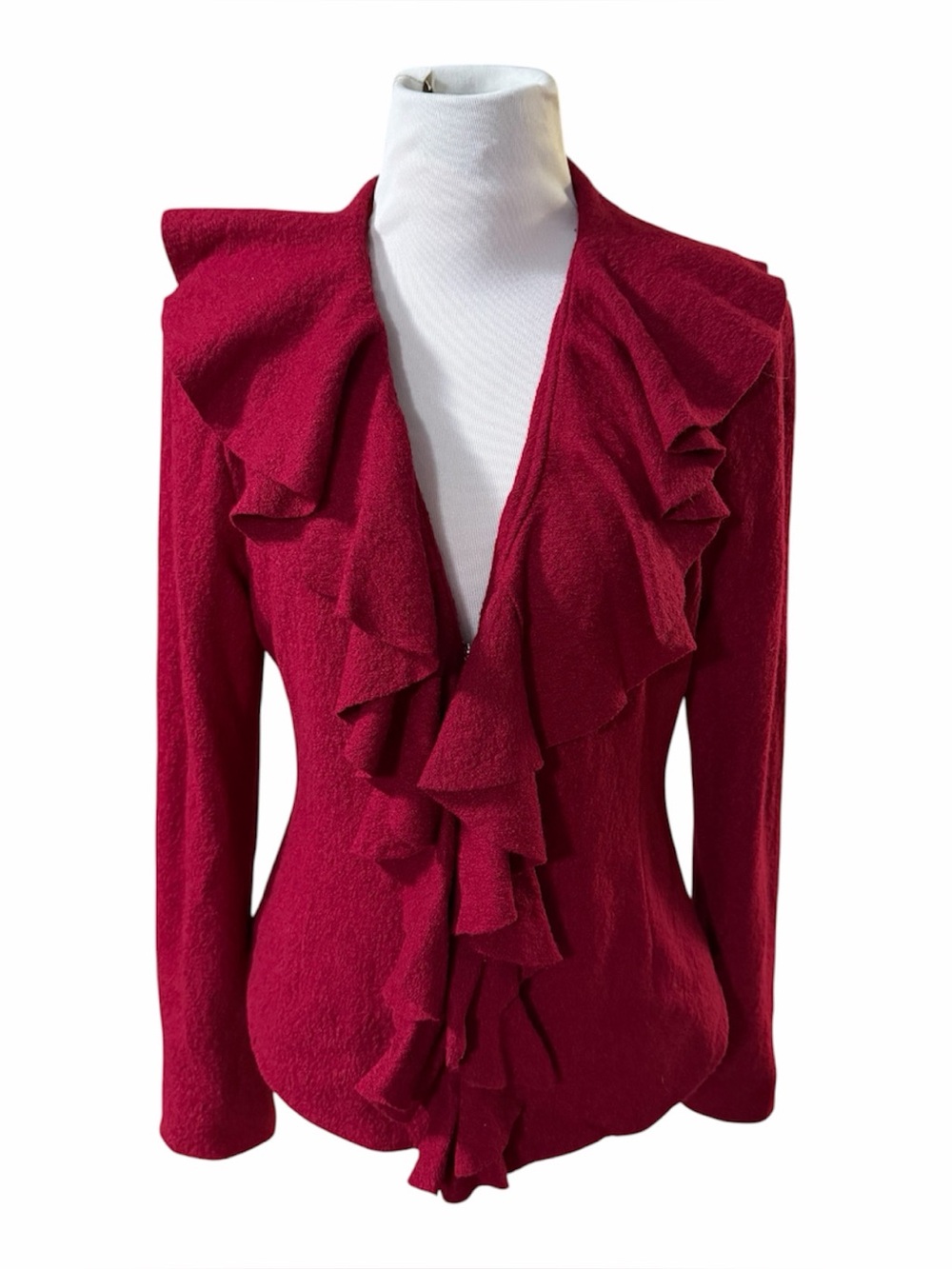 Boston Proper Women's Wool Blend Crimson Red Ruffle cardigan 6 Victorian holiday